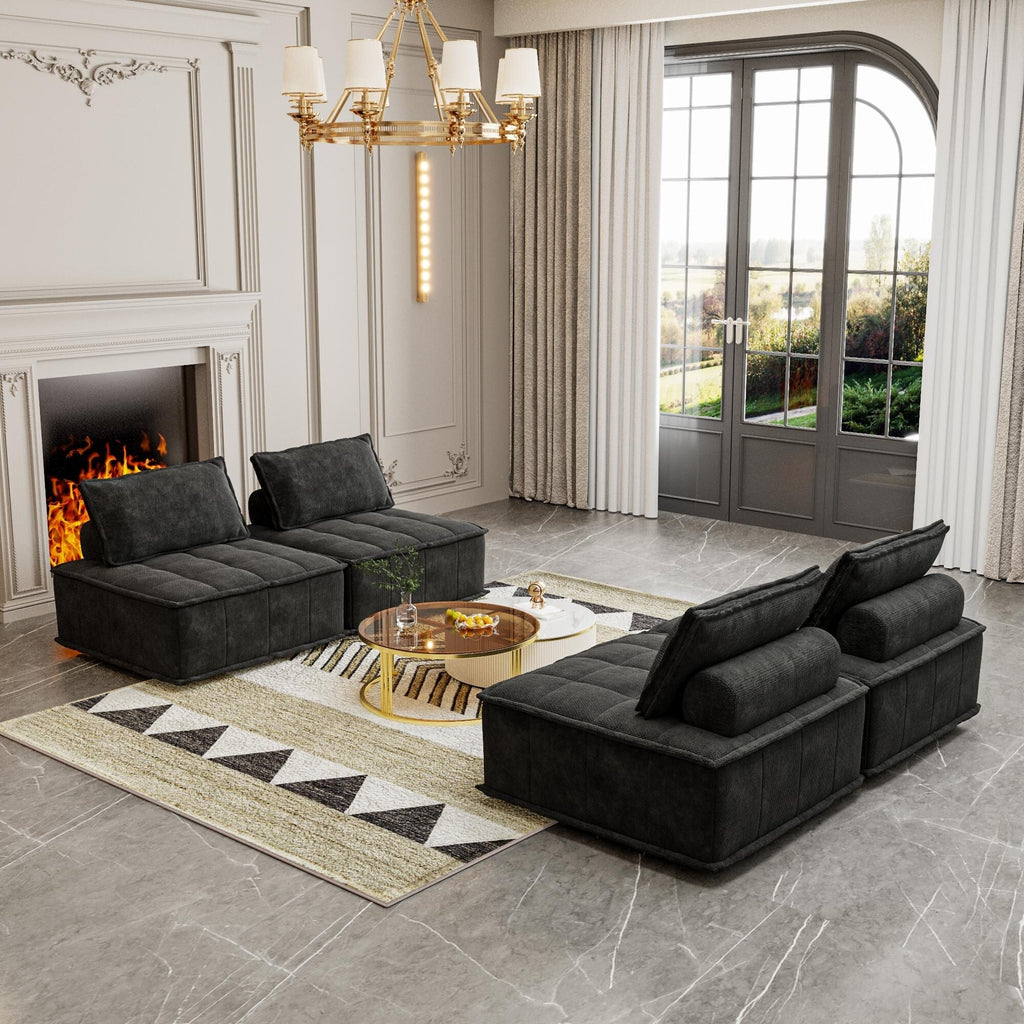 Ensemble de canapés modulaires carrés surdimensionnés en chenille noire, 4 pièces, avec coussins en mousse haute densité, combinaison libre