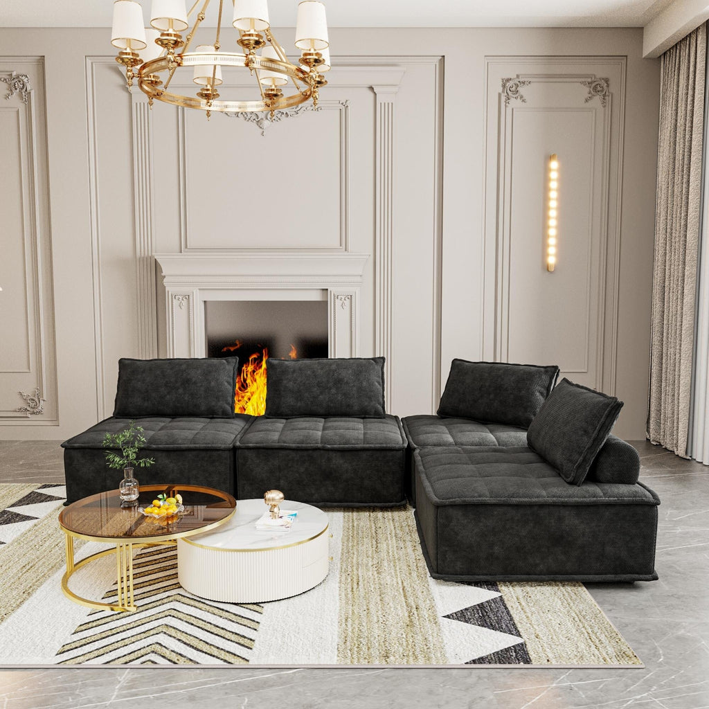 Ensemble de canapés modulaires carrés surdimensionnés en chenille noire, 4 pièces, avec coussins en mousse haute densité, combinaison libre