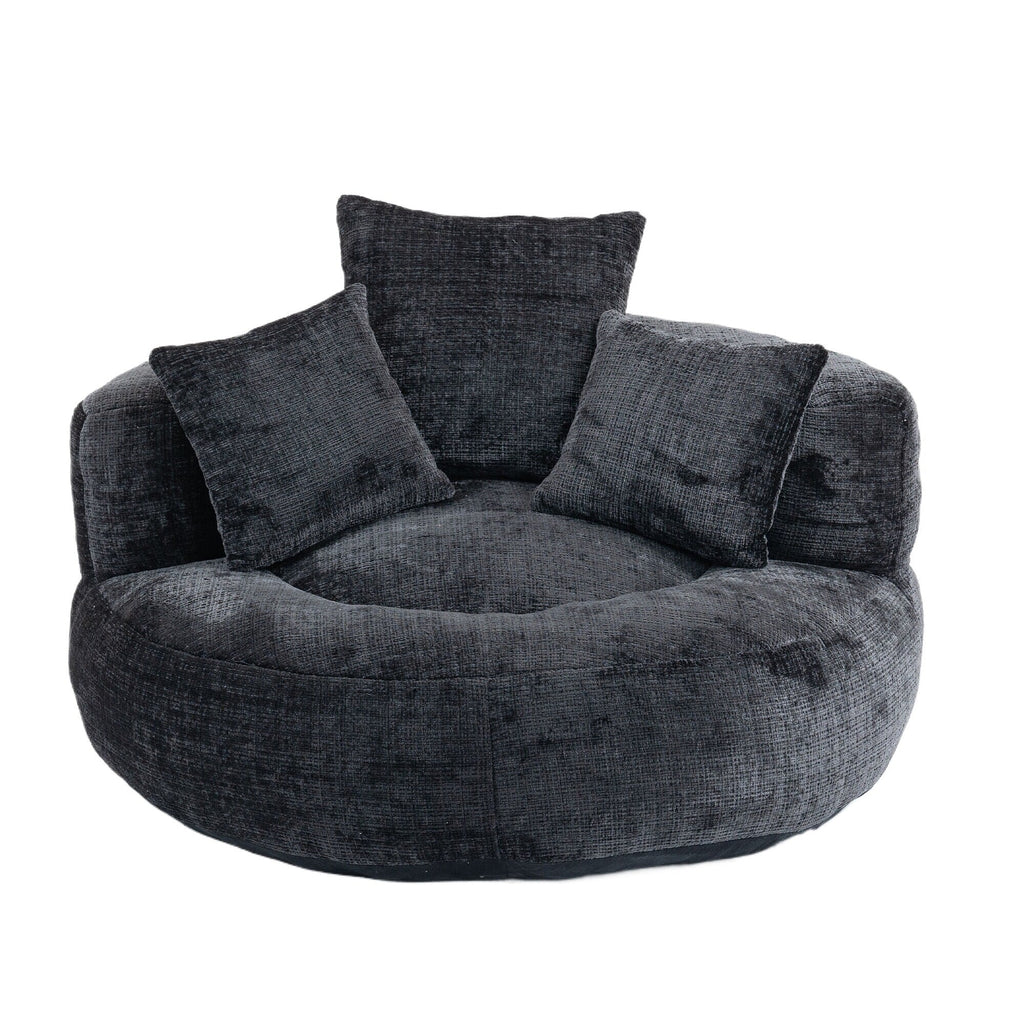 Pouf simple surdimensionné en chenille noir de 42,52 pouces avec trois oreillers pour chambre à coucher