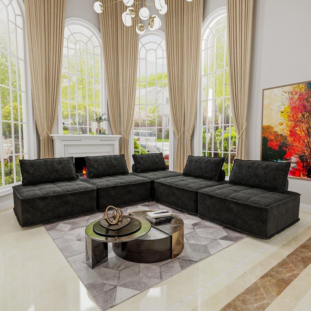 Ensemble de canapés carrés modulaires surdimensionnés en chenille noire, 5 pièces, avec coussins en mousse haute densité, combinaison libre