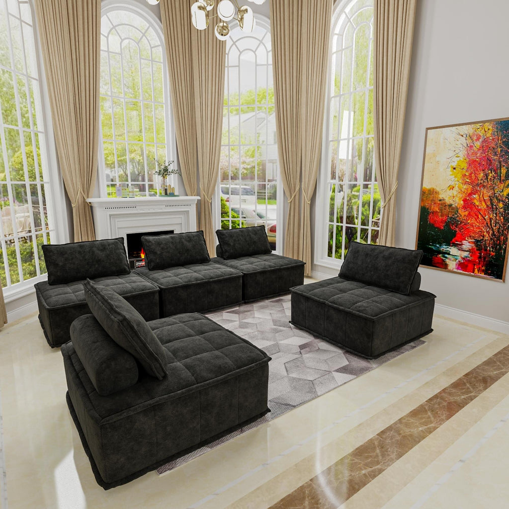 Ensemble de canapés carrés modulaires surdimensionnés en chenille noire, 5 pièces, avec coussins en mousse haute densité, combinaison libre