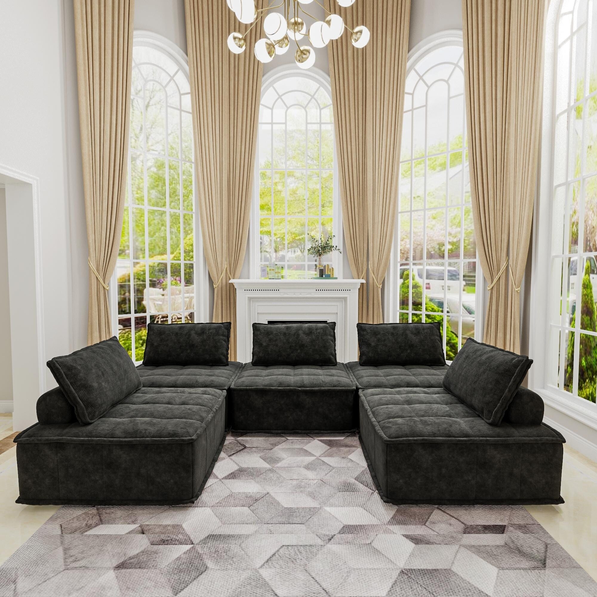 Ensemble de canapés carrés modulaires surdimensionnés en chenille noire, 5 pièces, avec coussins en mousse haute densité, combinaison libre