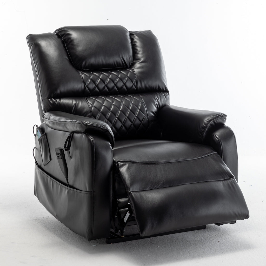 Fauteuil inclinable électrique surdimensionné en cuir PU noir avec massage, chauffage lombaire, poches latérales, inclinaison à plat à 180°