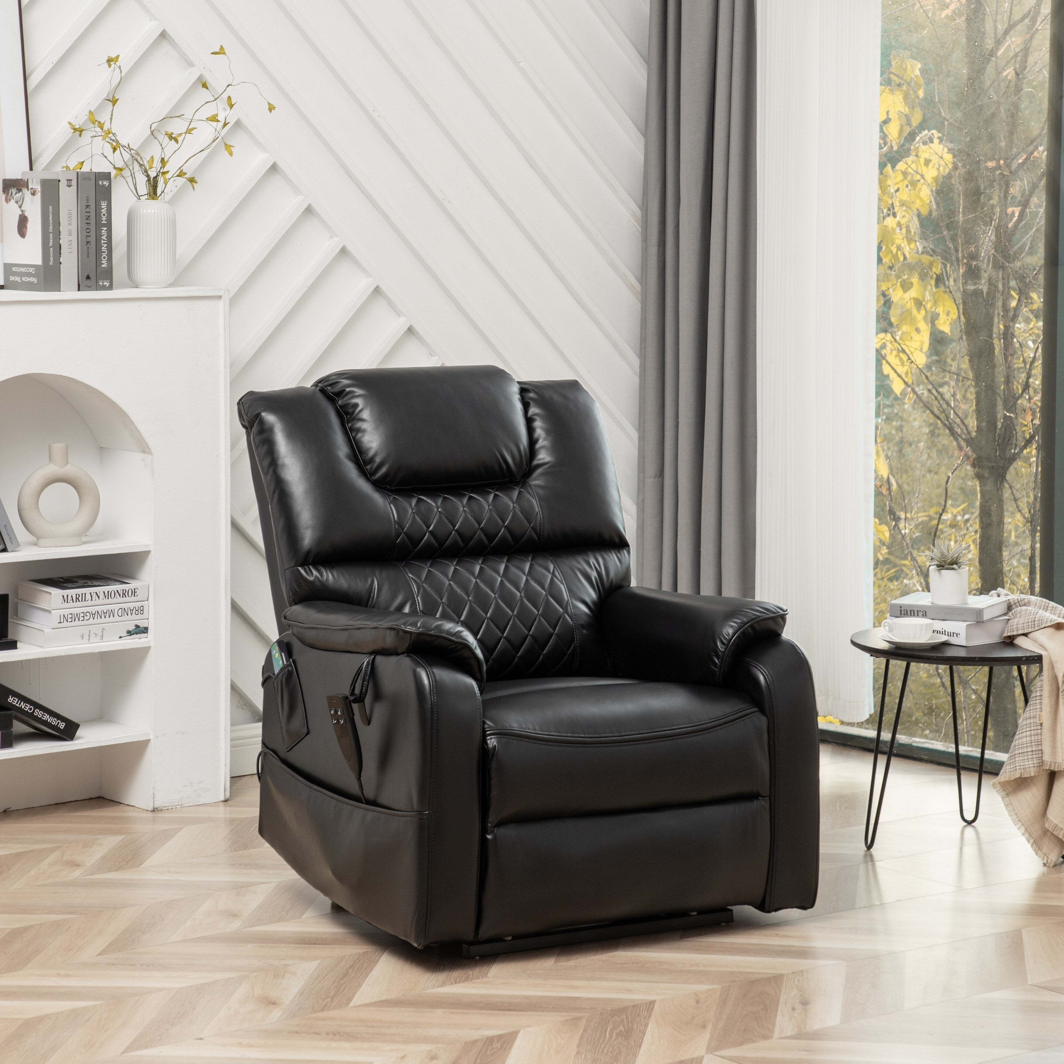 Fauteuil inclinable électrique surdimensionné en cuir PU noir avec massage, chauffage lombaire, poches latérales, inclinaison à plat à 180°