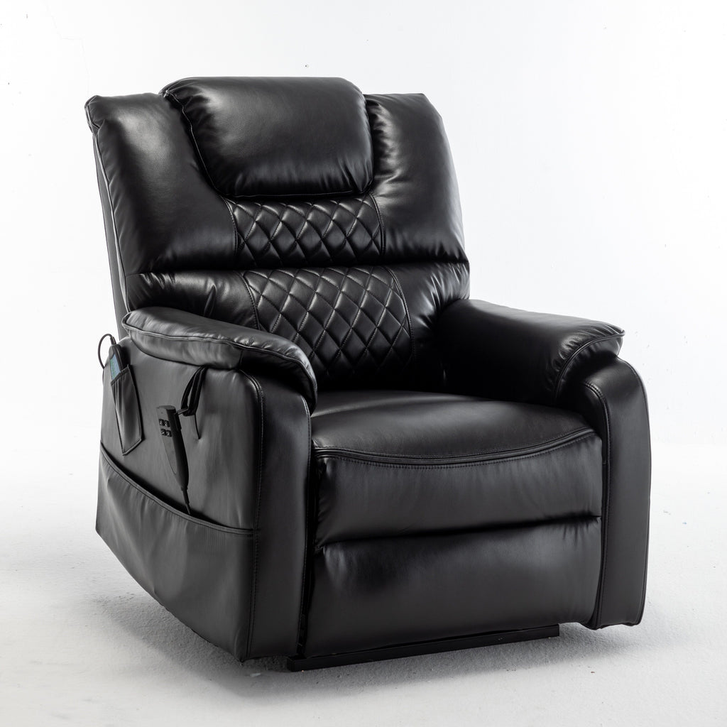 Fauteuil inclinable électrique surdimensionné en cuir PU noir avec massage, chauffage lombaire, poches latérales, inclinaison à plat à 180°