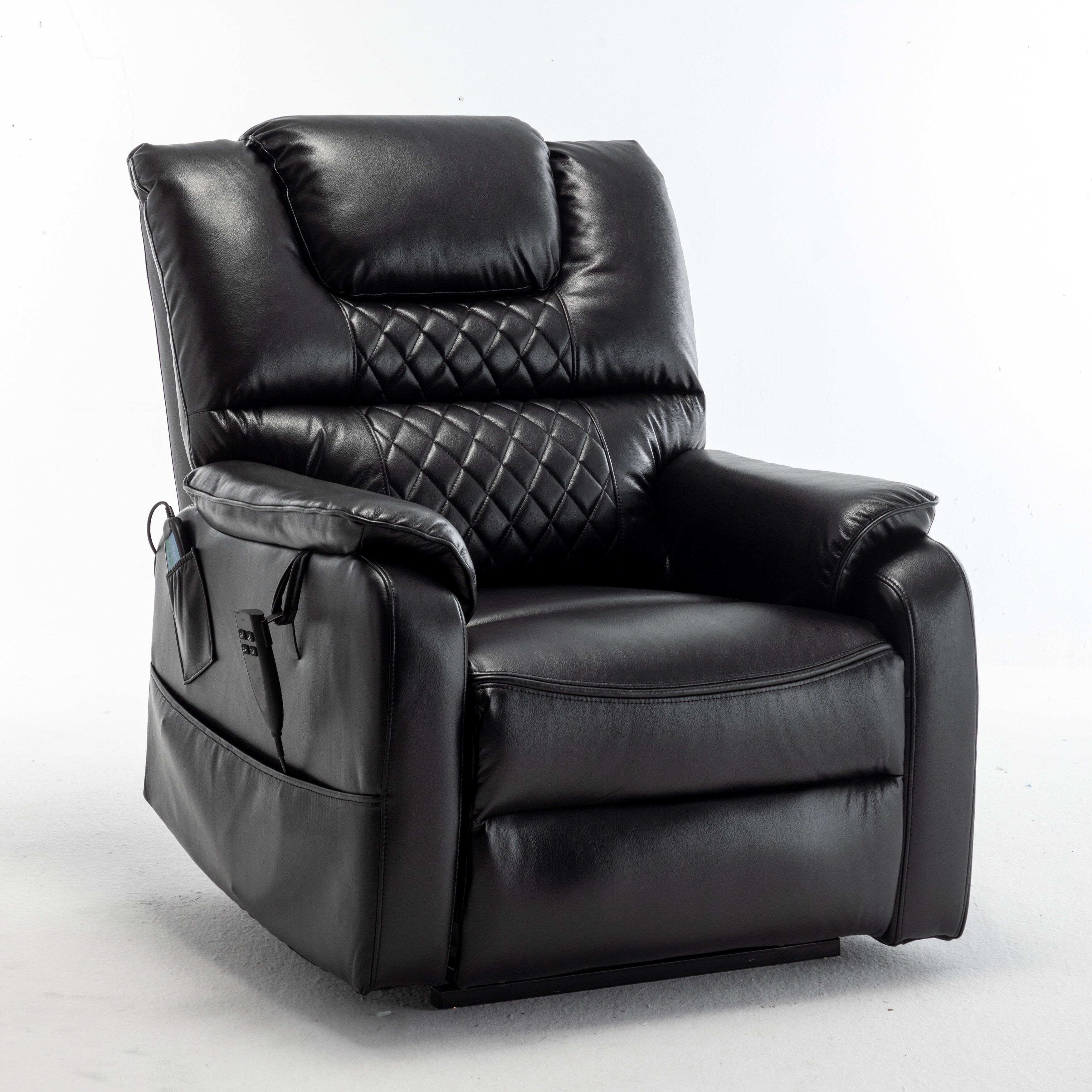 Fauteuil inclinable électrique surdimensionné en cuir PU noir avec massage, chauffage lombaire, poches latérales, inclinaison à plat à 180°