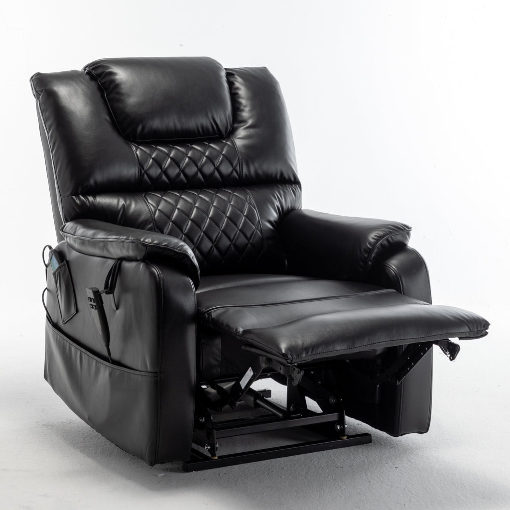 Fauteuil inclinable électrique surdimensionné en cuir PU noir avec massage, chauffage lombaire, poches latérales, inclinaison à plat à 180°