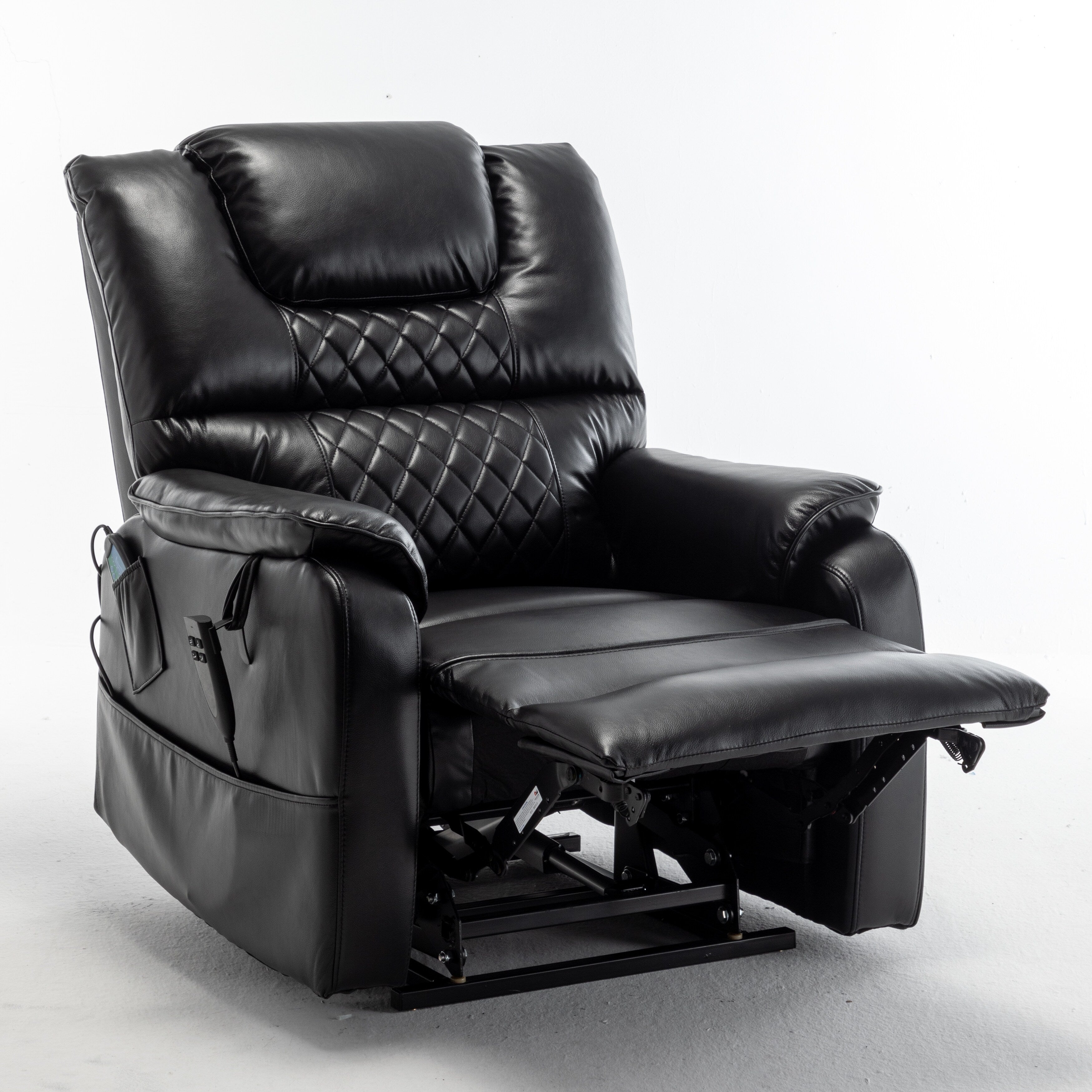 Fauteuil inclinable électrique surdimensionné en cuir PU noir avec massage, chauffage lombaire, poches latérales, inclinaison à plat à 180°