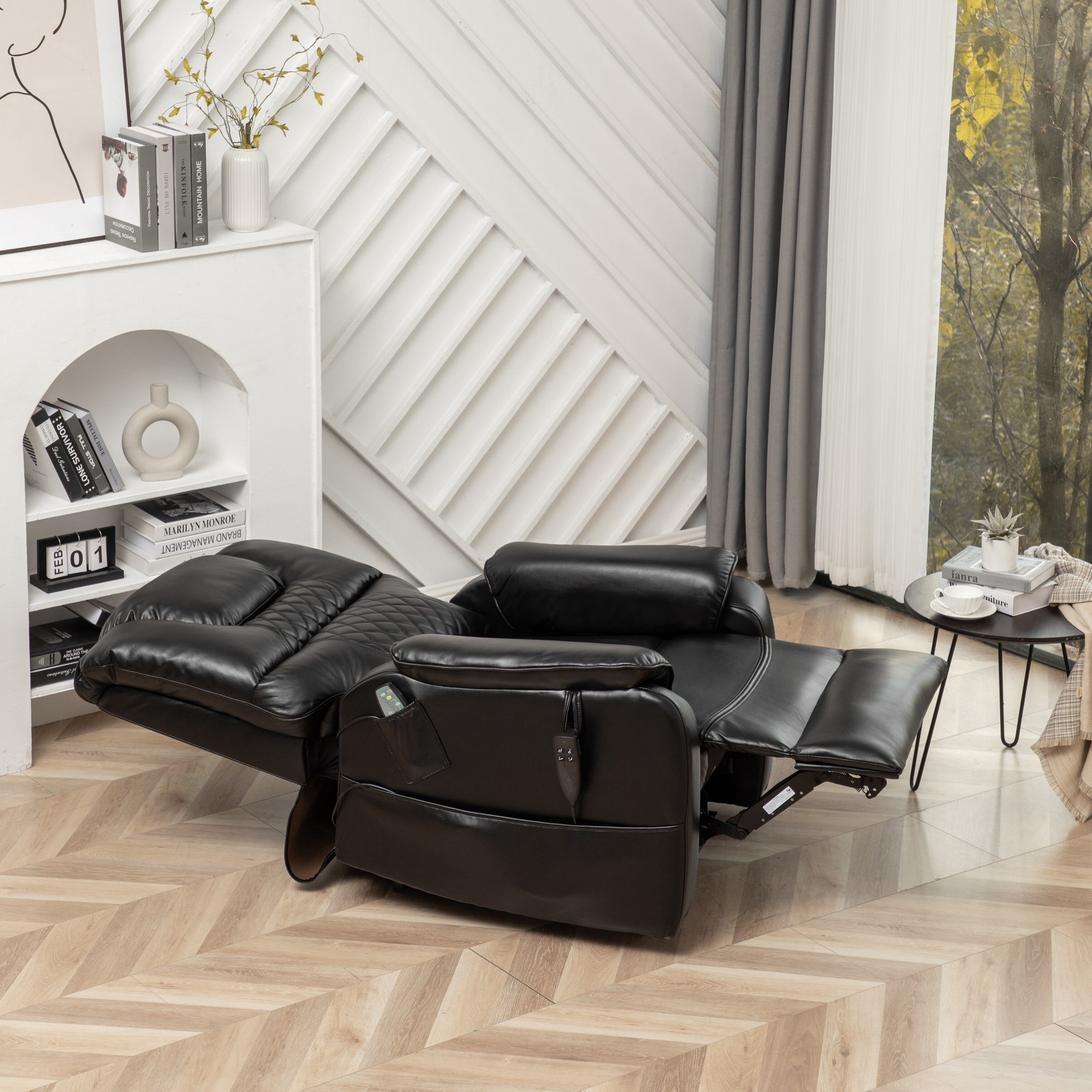 Fauteuil inclinable électrique surdimensionné en cuir PU noir avec massage, chauffage lombaire, poches latérales, inclinaison à plat à 180°