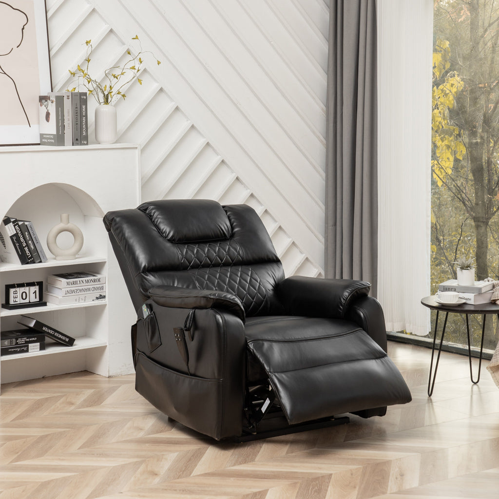 Fauteuil inclinable électrique surdimensionné en cuir PU noir avec massage, chauffage lombaire, poches latérales, inclinaison à plat à 180°