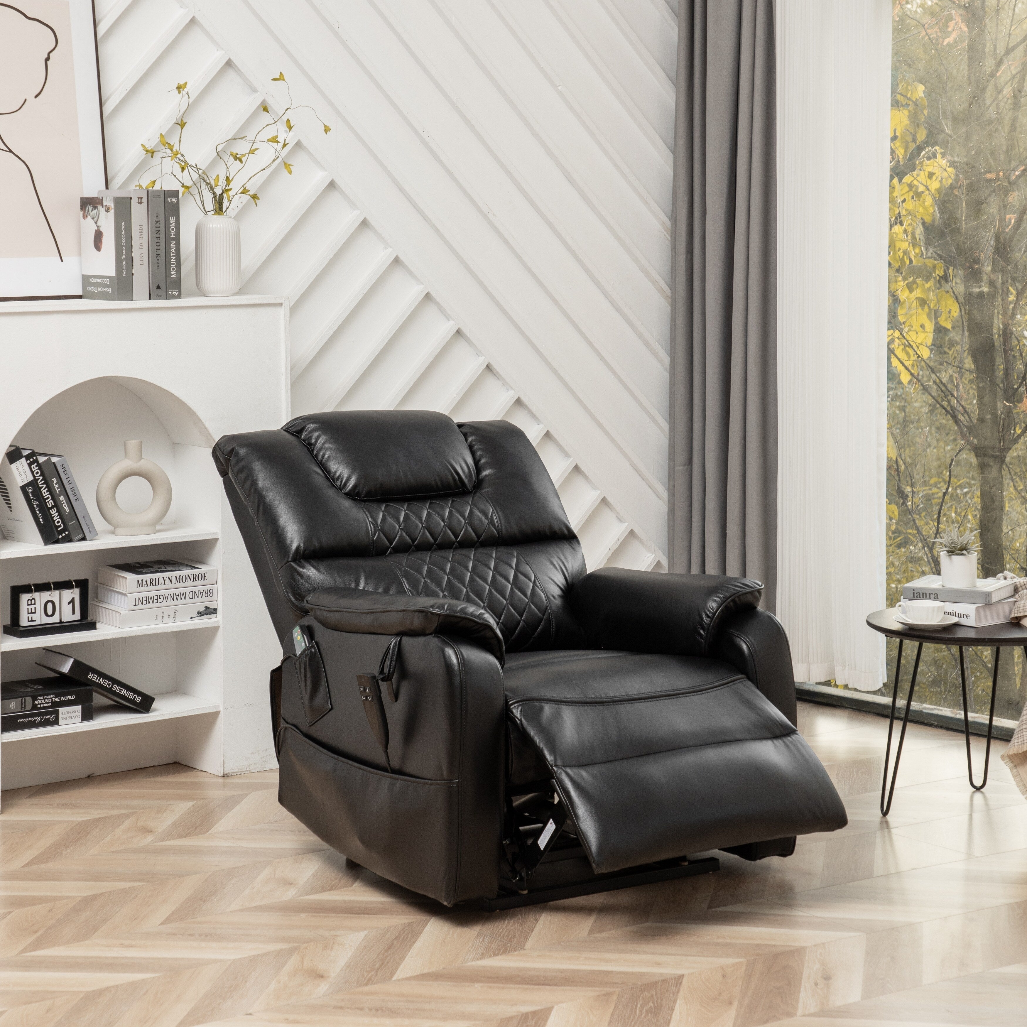 Fauteuil inclinable électrique surdimensionné en cuir PU noir avec massage, chauffage lombaire, poches latérales, inclinaison à plat à 180°