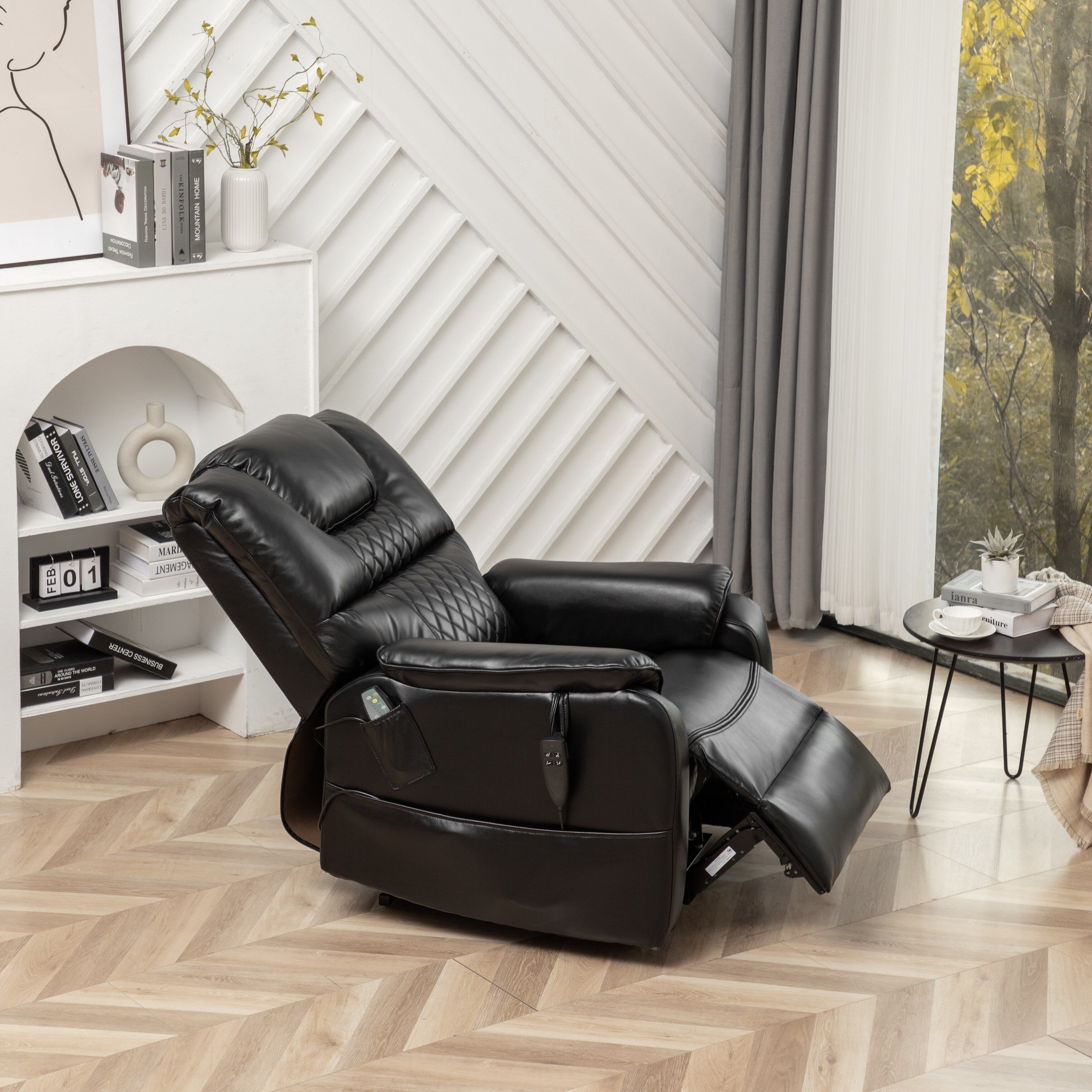 Fauteuil inclinable électrique surdimensionné en cuir PU noir avec massage, chauffage lombaire, poches latérales, inclinaison à plat à 180°