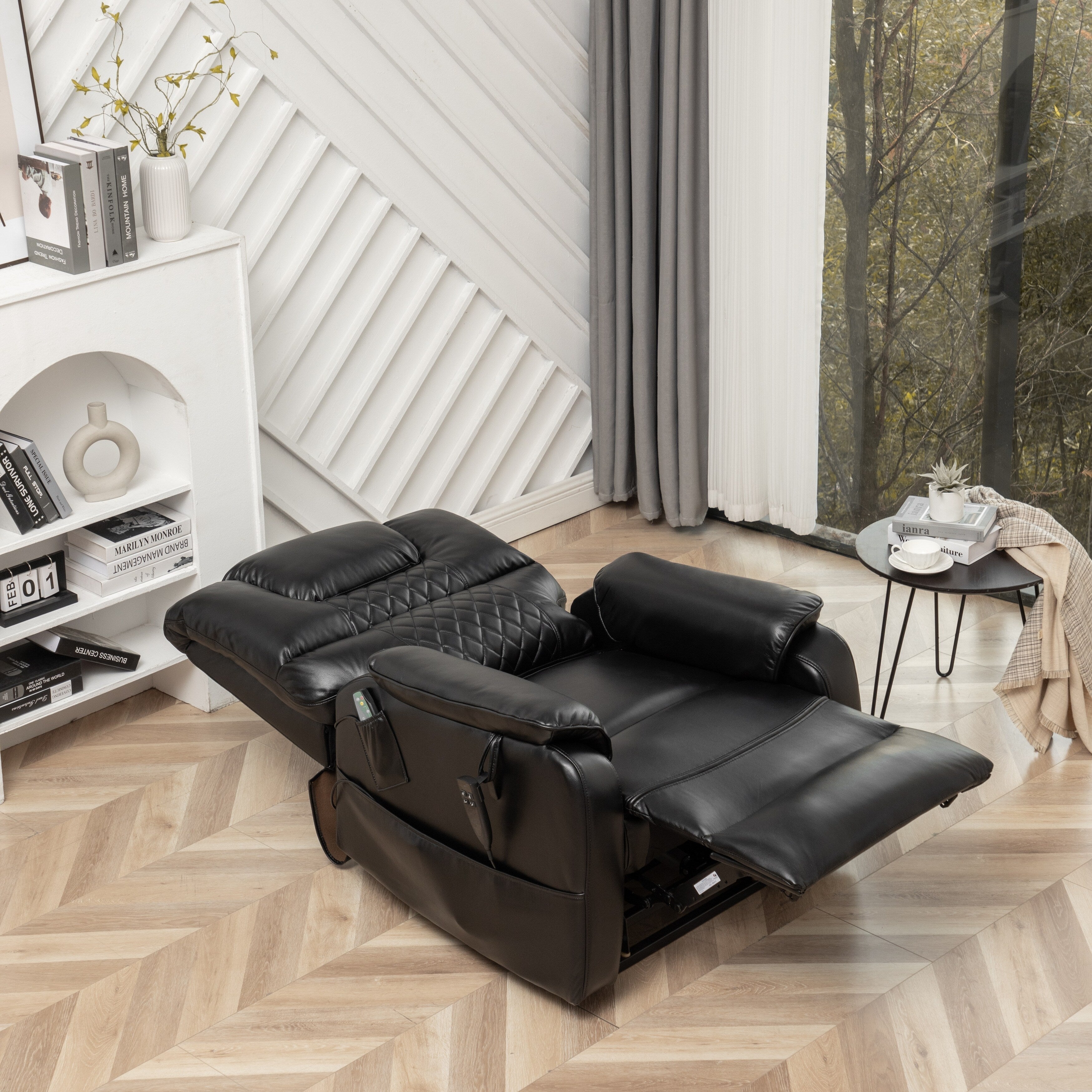 Fauteuil inclinable électrique surdimensionné en cuir PU noir avec massage, chauffage lombaire, poches latérales, inclinaison à plat à 180°