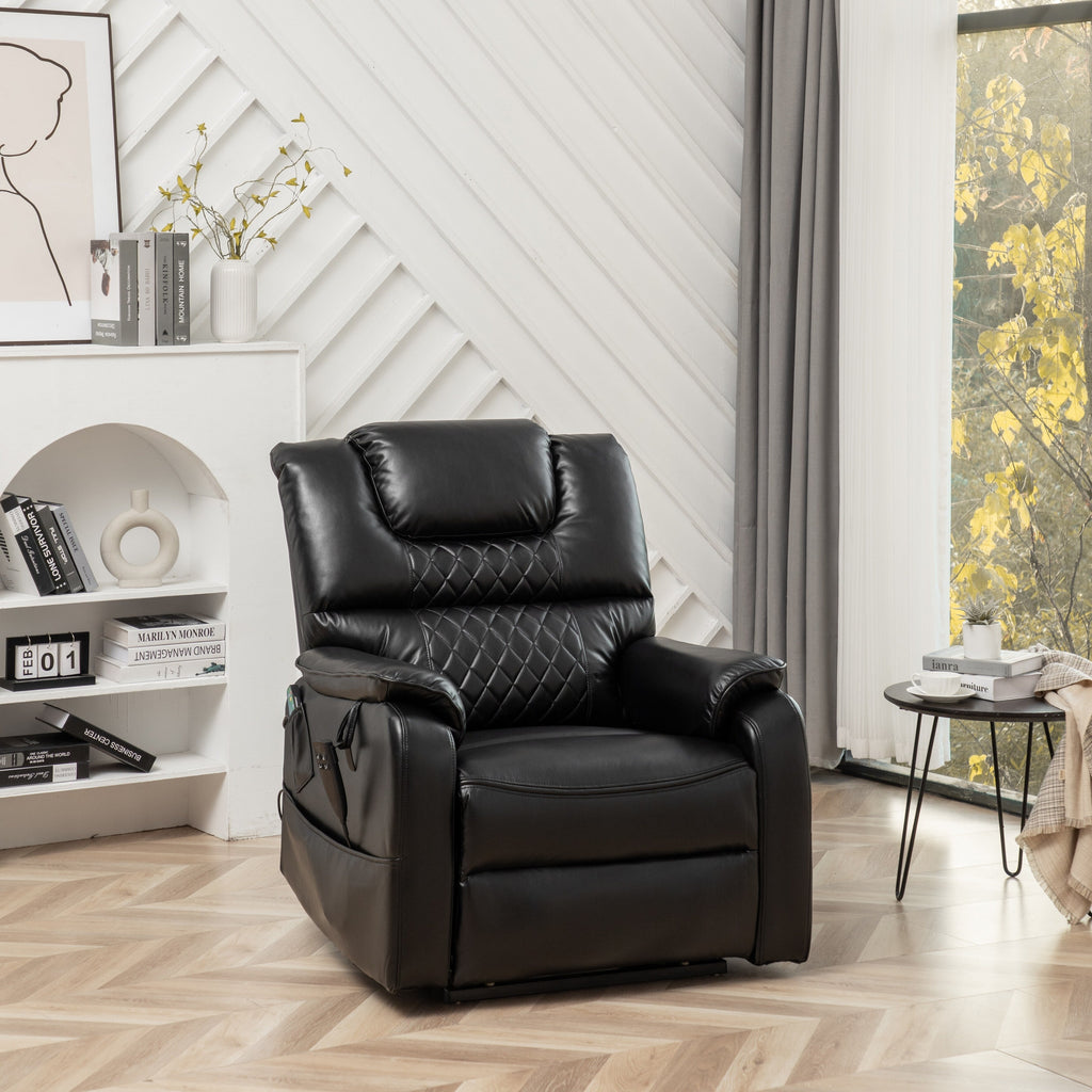 Fauteuil inclinable électrique surdimensionné en cuir PU noir avec massage, chauffage lombaire, poches latérales, inclinaison à plat à 180°