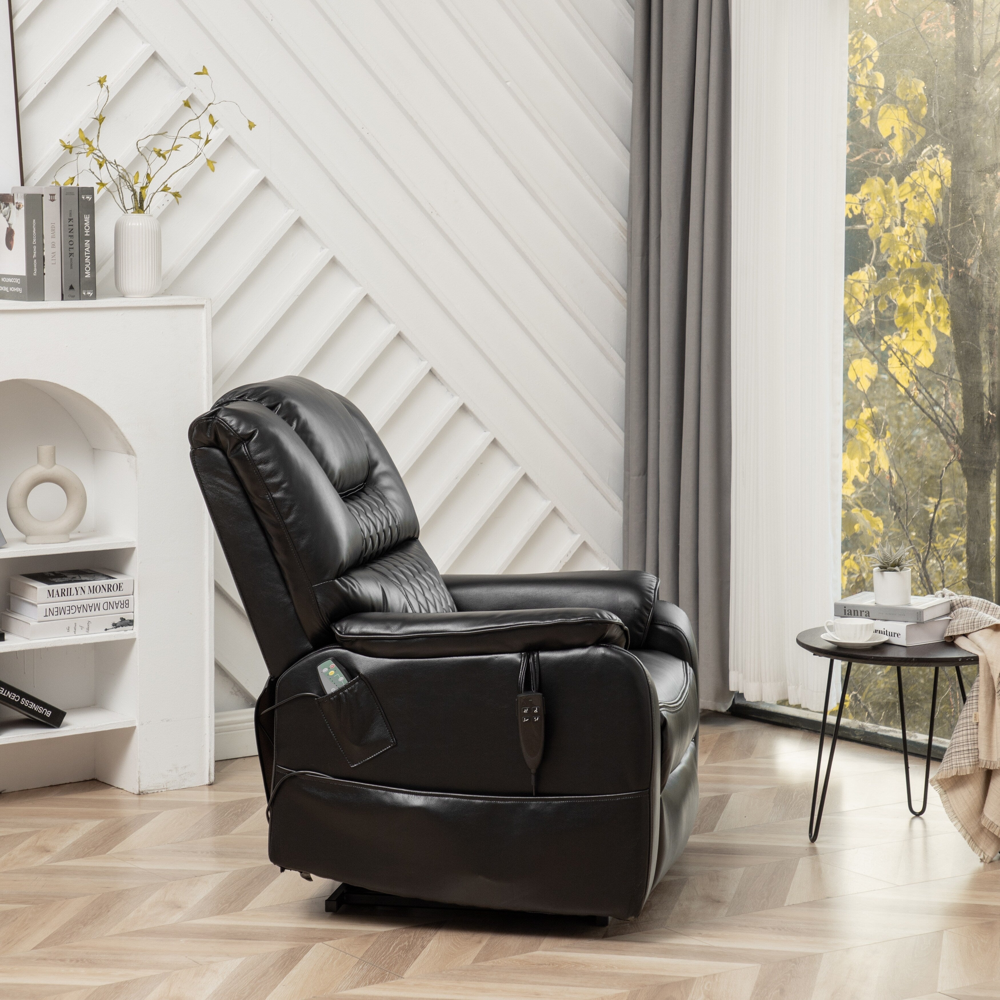 Fauteuil inclinable électrique surdimensionné en cuir PU noir avec massage, chauffage lombaire, poches latérales, inclinaison à plat à 180°