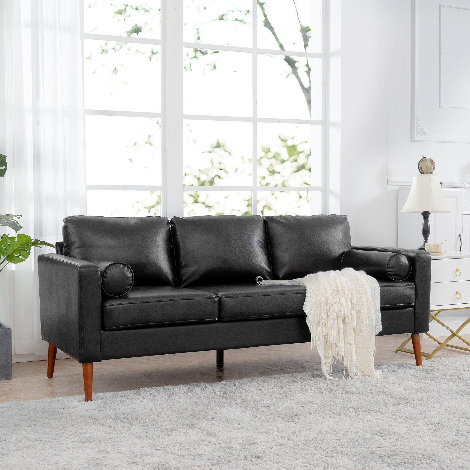 Canapé 3 places en PU noir avec structure en bois de fer