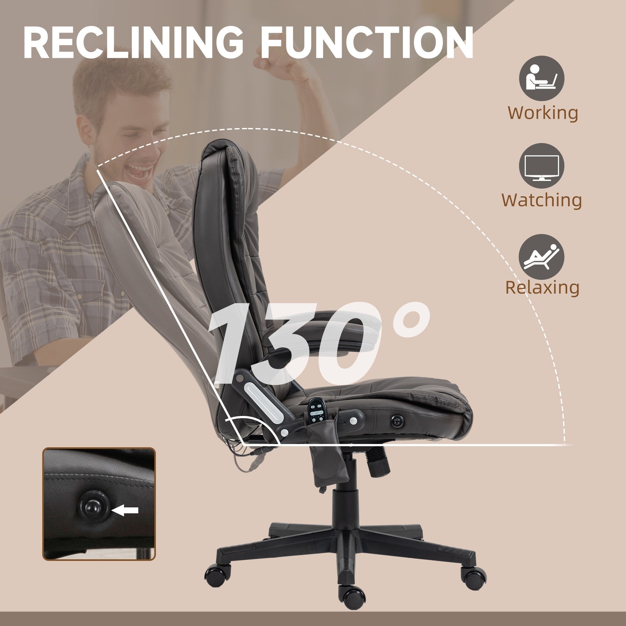 Fauteuil de bureau inclinable pivotant à 360° en cuir PU noir avec massage par vibration, chauffage lombaire et hauteur réglable