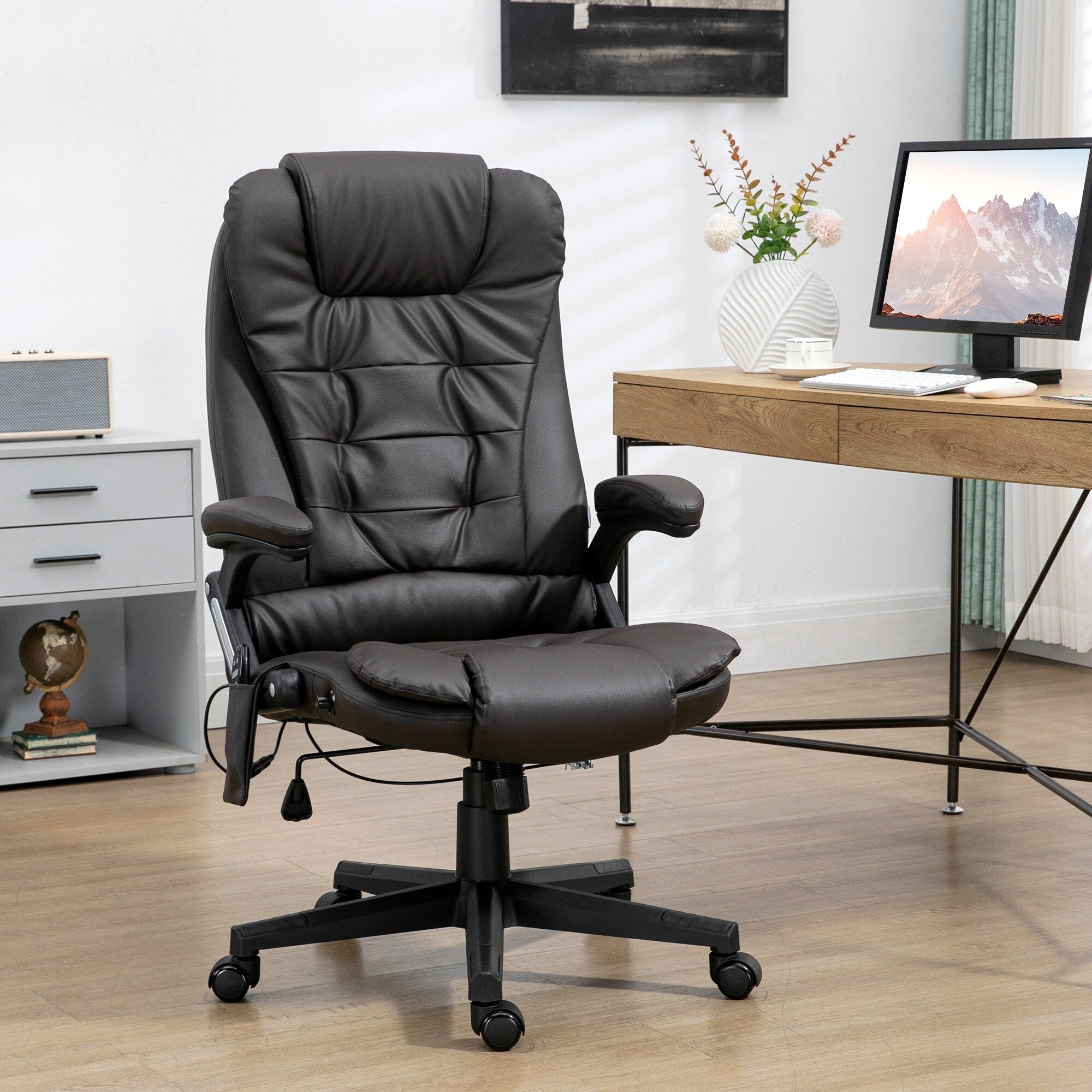 Fauteuil de bureau inclinable pivotant à 360° en cuir PU noir avec massage par vibration, chauffage lombaire et hauteur réglable