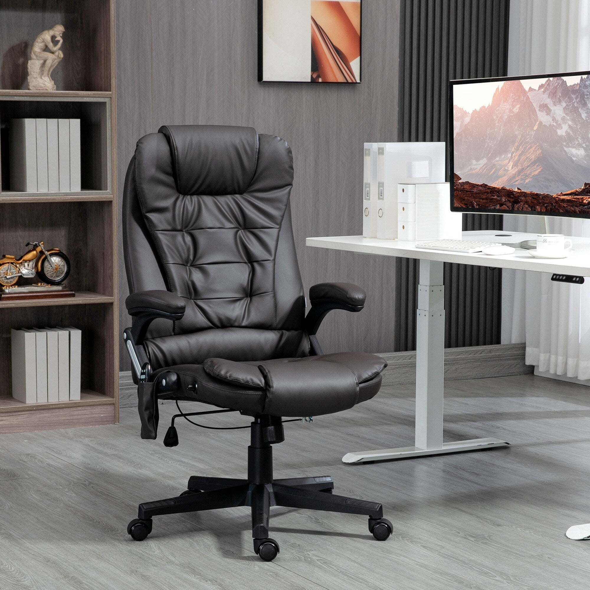 Fauteuil de bureau inclinable pivotant à 360° en cuir PU noir avec massage par vibration, chauffage lombaire et hauteur réglable