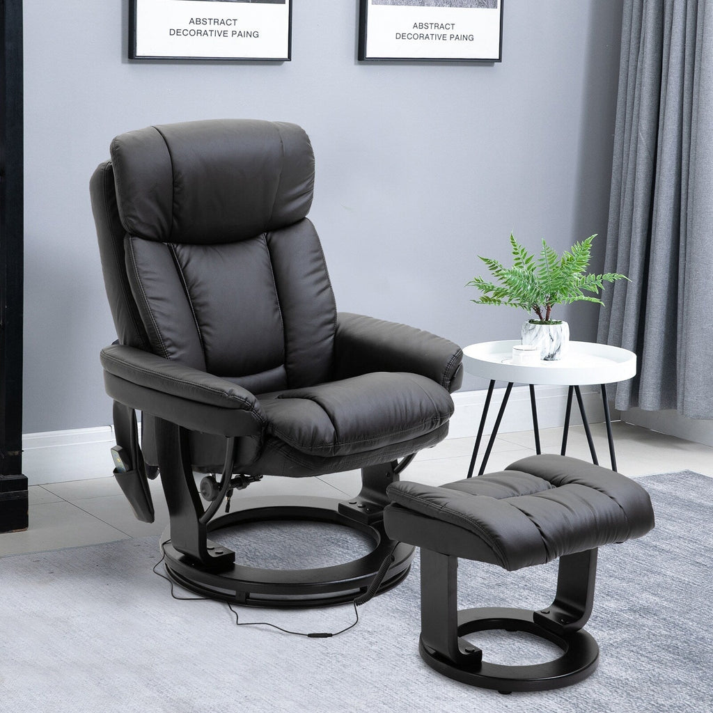Fauteuil inclinable manuel pivotant à 360° en cuir PU noir avec repose-pieds, massage par vibrations complet du corps et poche latérale
