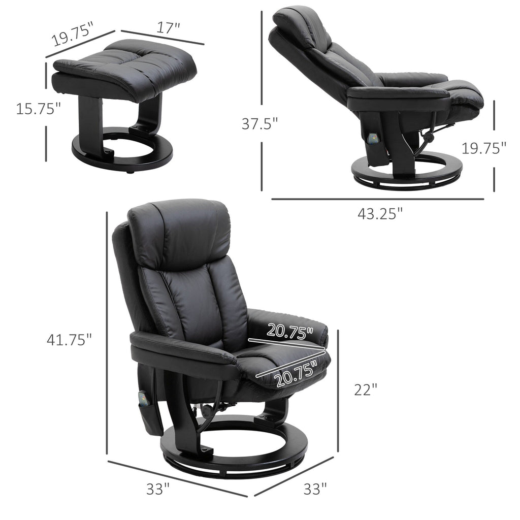 Fauteuil inclinable manuel pivotant à 360° en cuir PU noir avec repose-pieds, massage par vibrations complet du corps et poche latérale