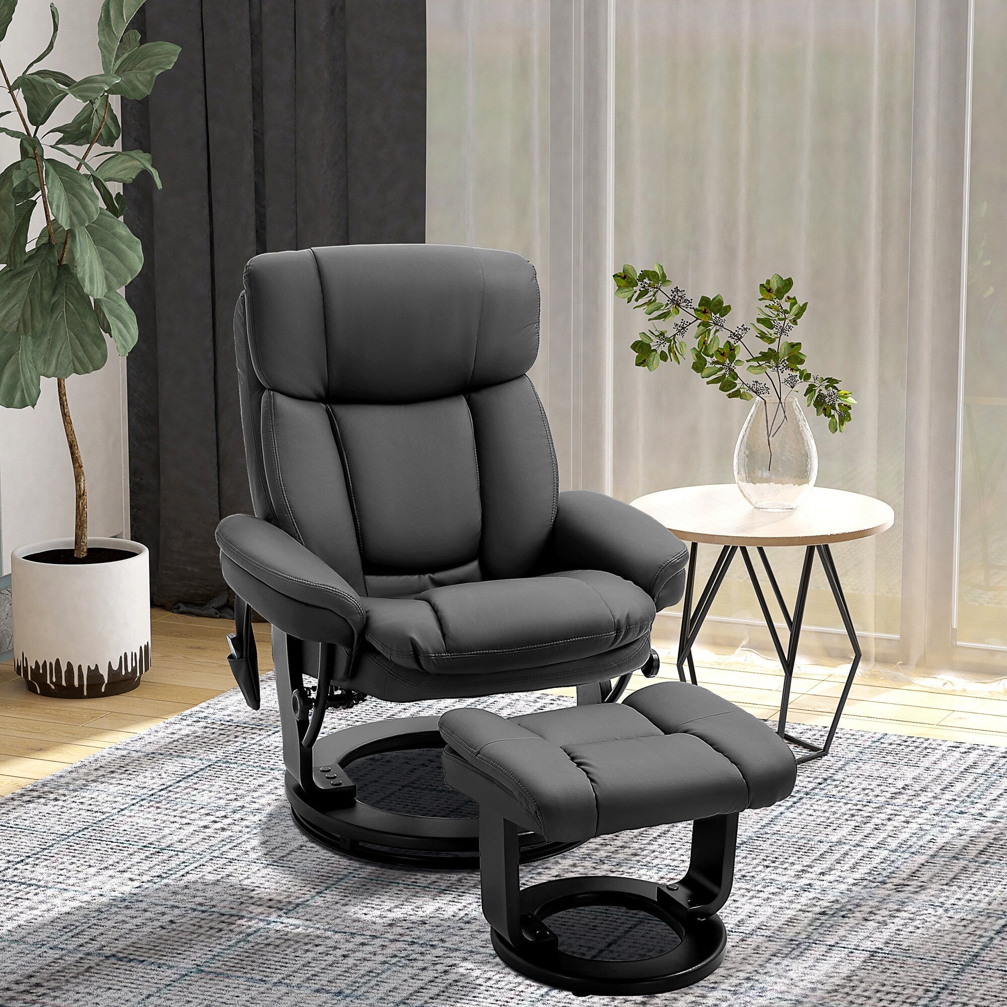 Fauteuil inclinable manuel pivotant à 360° en cuir PU noir avec repose-pieds, massage par vibrations complet du corps et poche latérale