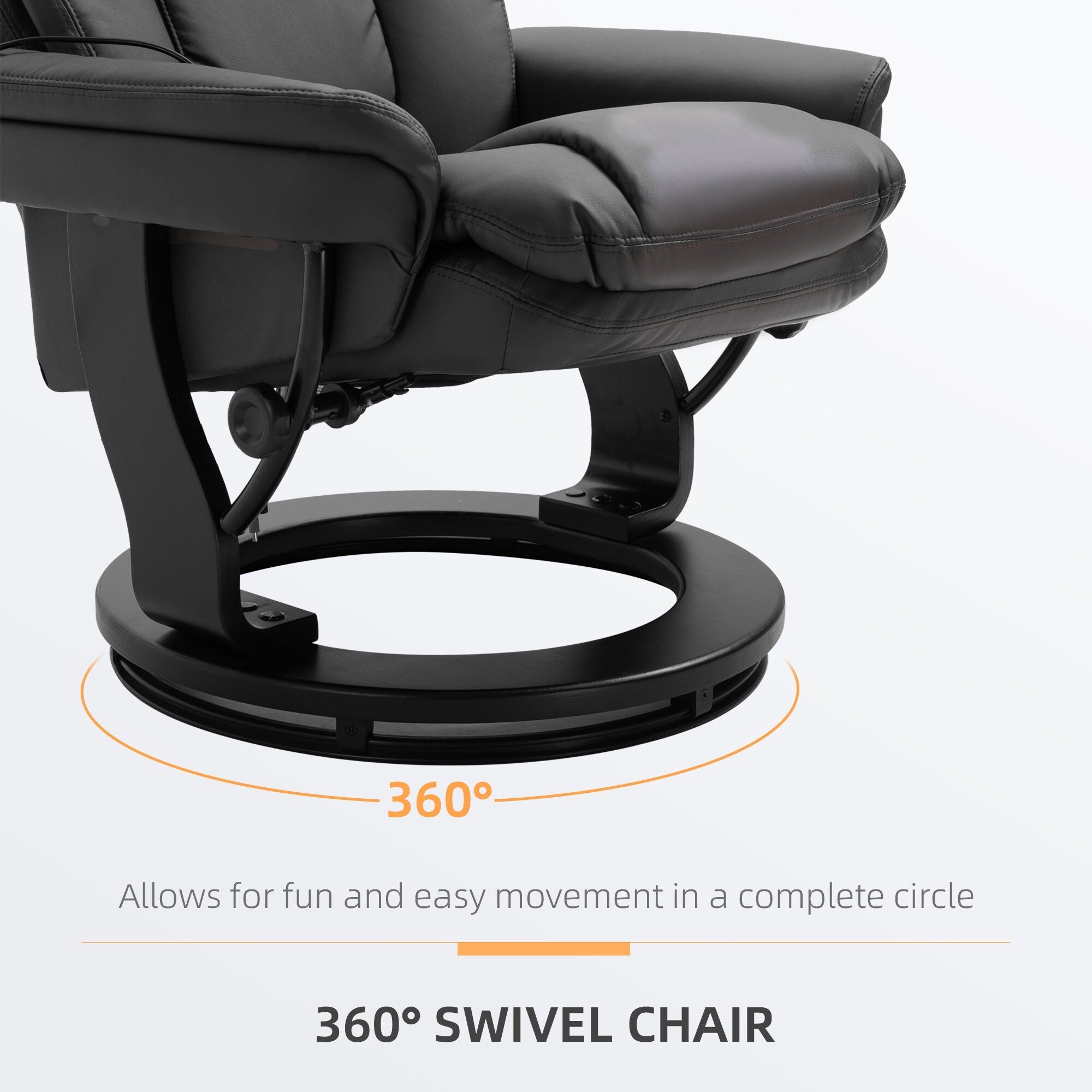 Fauteuil inclinable manuel pivotant à 360° en cuir PU noir avec repose-pieds, massage par vibrations complet du corps et poche latérale