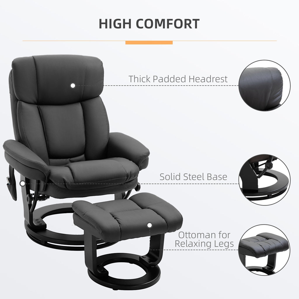 Fauteuil inclinable manuel pivotant à 360° en cuir PU noir avec repose-pieds, massage par vibrations complet du corps et poche latérale