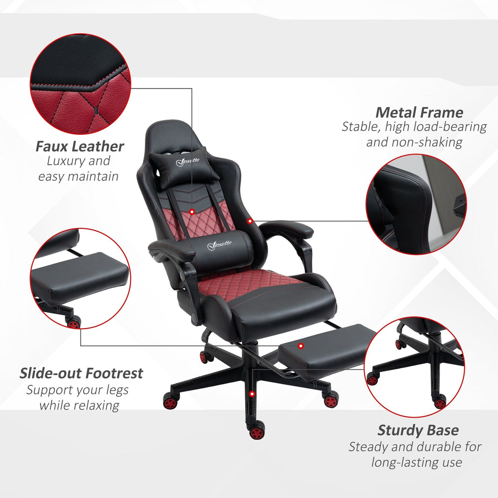 Fauteuil de jeu inclinable pivotant à 360° en cuir PU noir avec repose-pieds, appui-tête, support lombaire et hauteur réglable