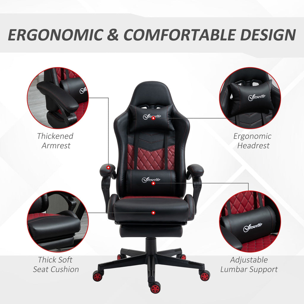 Fauteuil de jeu inclinable pivotant à 360° en cuir PU noir avec repose-pieds, appui-tête, support lombaire et hauteur réglable