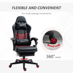 Fauteuil de jeu inclinable pivotant à 360° en cuir PU noir avec repose-pieds, appui-tête, support lombaire et hauteur réglable