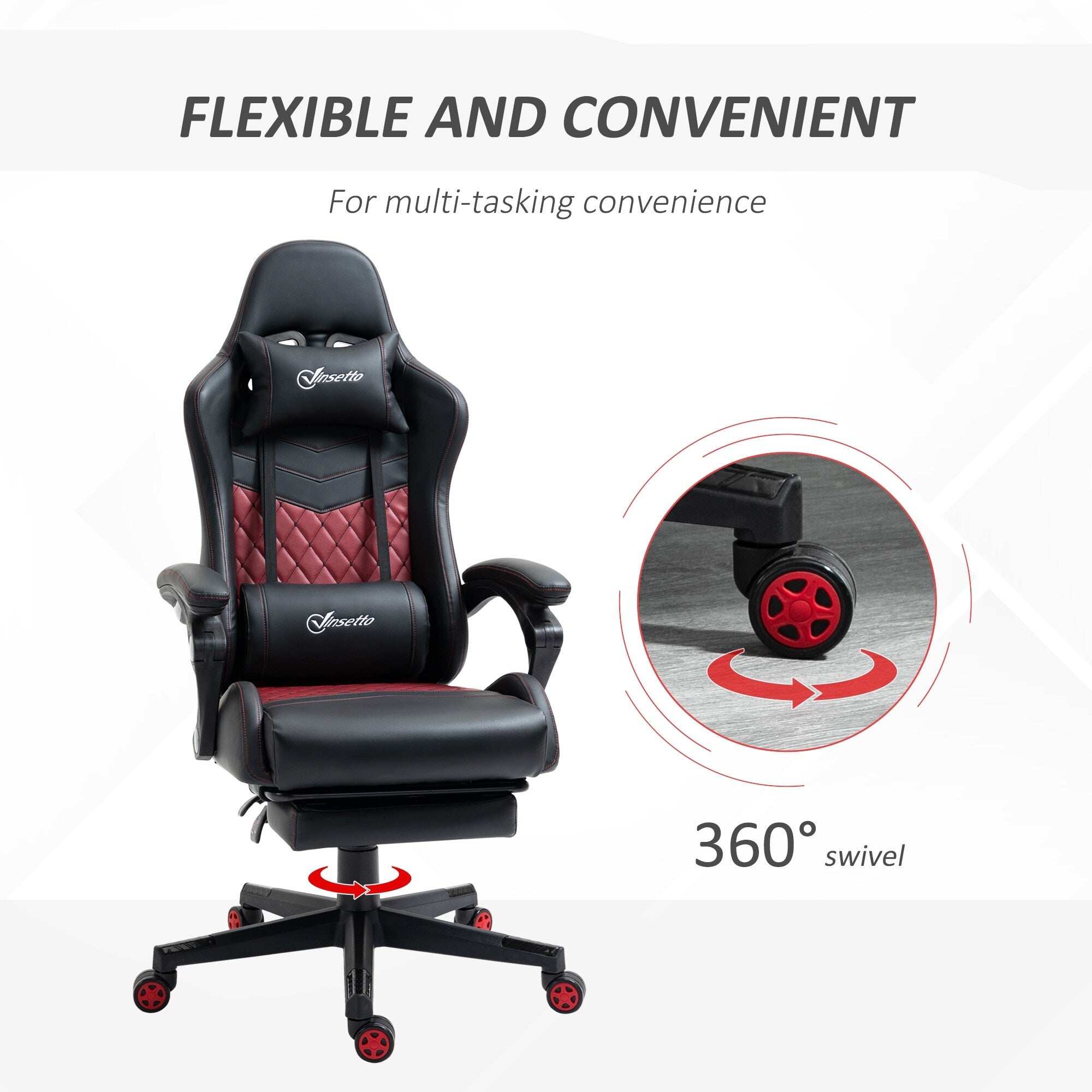 Fauteuil de jeu inclinable pivotant à 360° en cuir PU noir avec repose-pieds, appui-tête, support lombaire et hauteur réglable