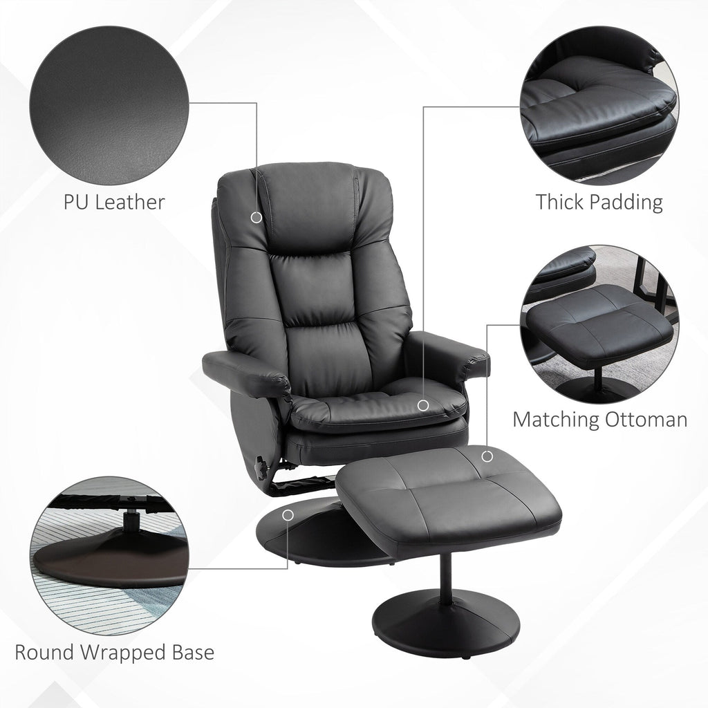 Fauteuil inclinable en similicuir noir avec repose-pieds, dossier réglable et base pivotante