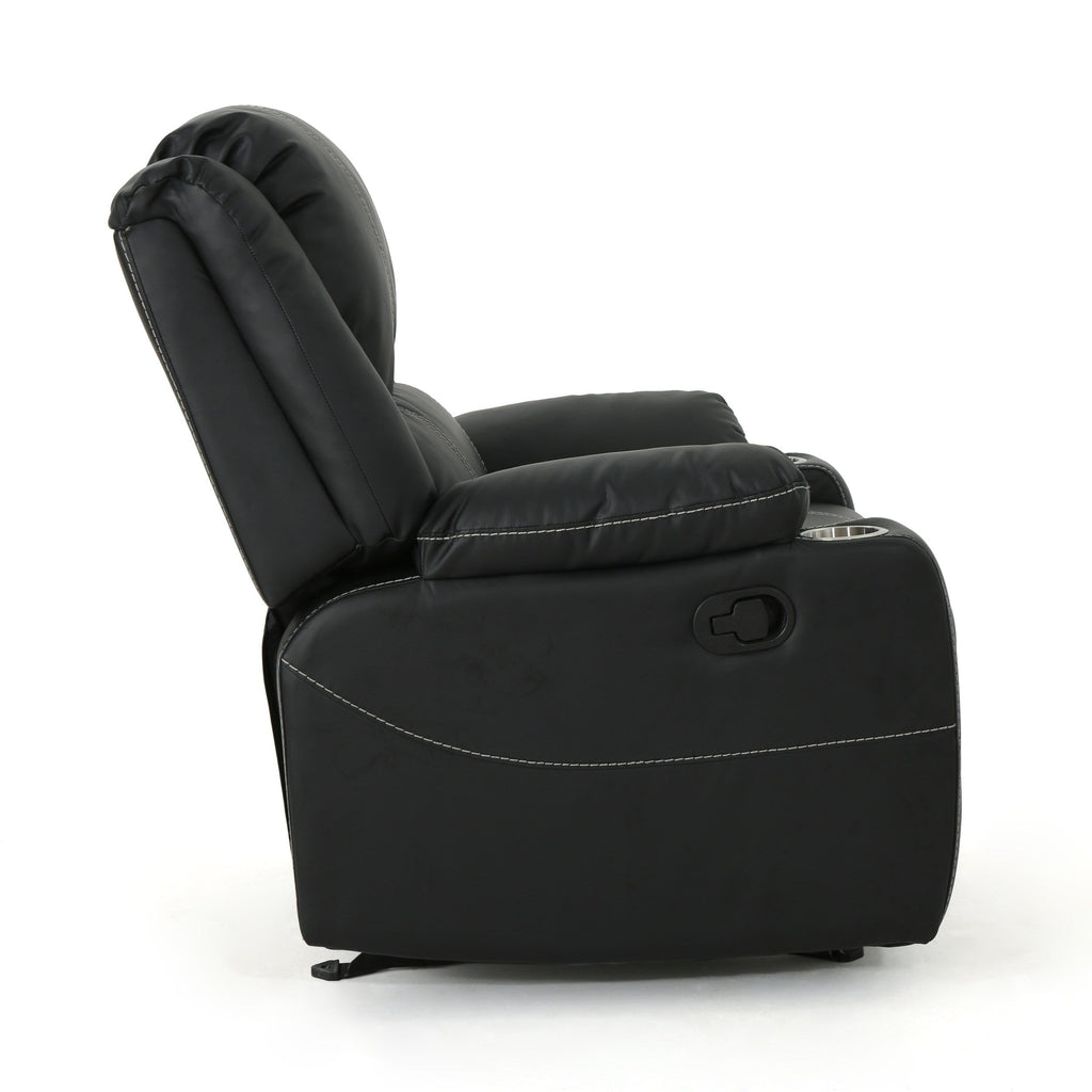 Fauteuil inclinable en cuir PU noir avec porte-gobelets en acier, mécanisme d'inclinaison facile et confort luxueux pour la détente