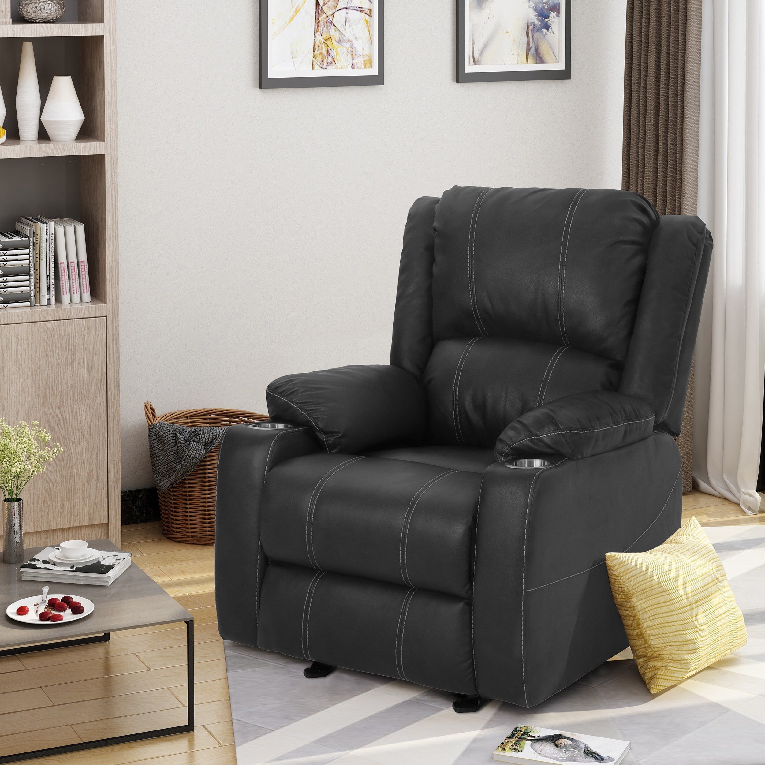 Fauteuil inclinable en cuir PU noir avec porte-gobelets en acier, mécanisme d'inclinaison facile et confort luxueux pour la détente