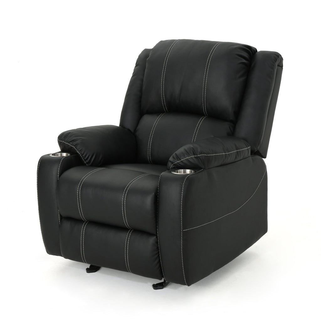Fauteuil inclinable en cuir synthétique noir avec porte-gobelets en acier, inclinaison facile et confort luxueux