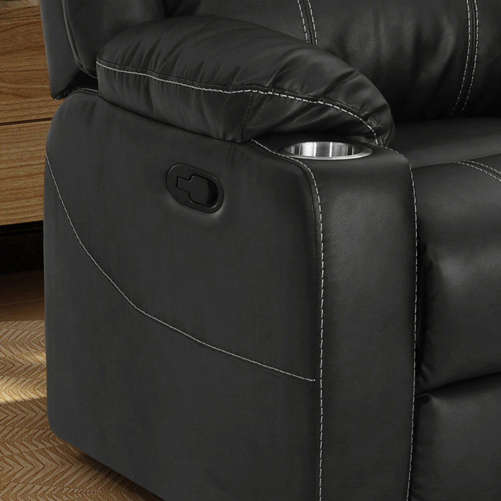 Fauteuil inclinable en cuir synthétique noir avec porte-gobelets en acier, inclinaison facile et confort luxueux