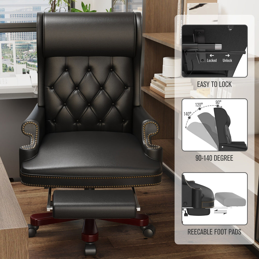 Fauteuil de bureau pivotant et inclinable en similicuir noir avec repose-pieds, dossier capitonné et clous décoratifs