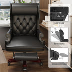 Fauteuil de bureau pivotant et inclinable en similicuir noir avec repose-pieds, dossier capitonné et clous décoratifs