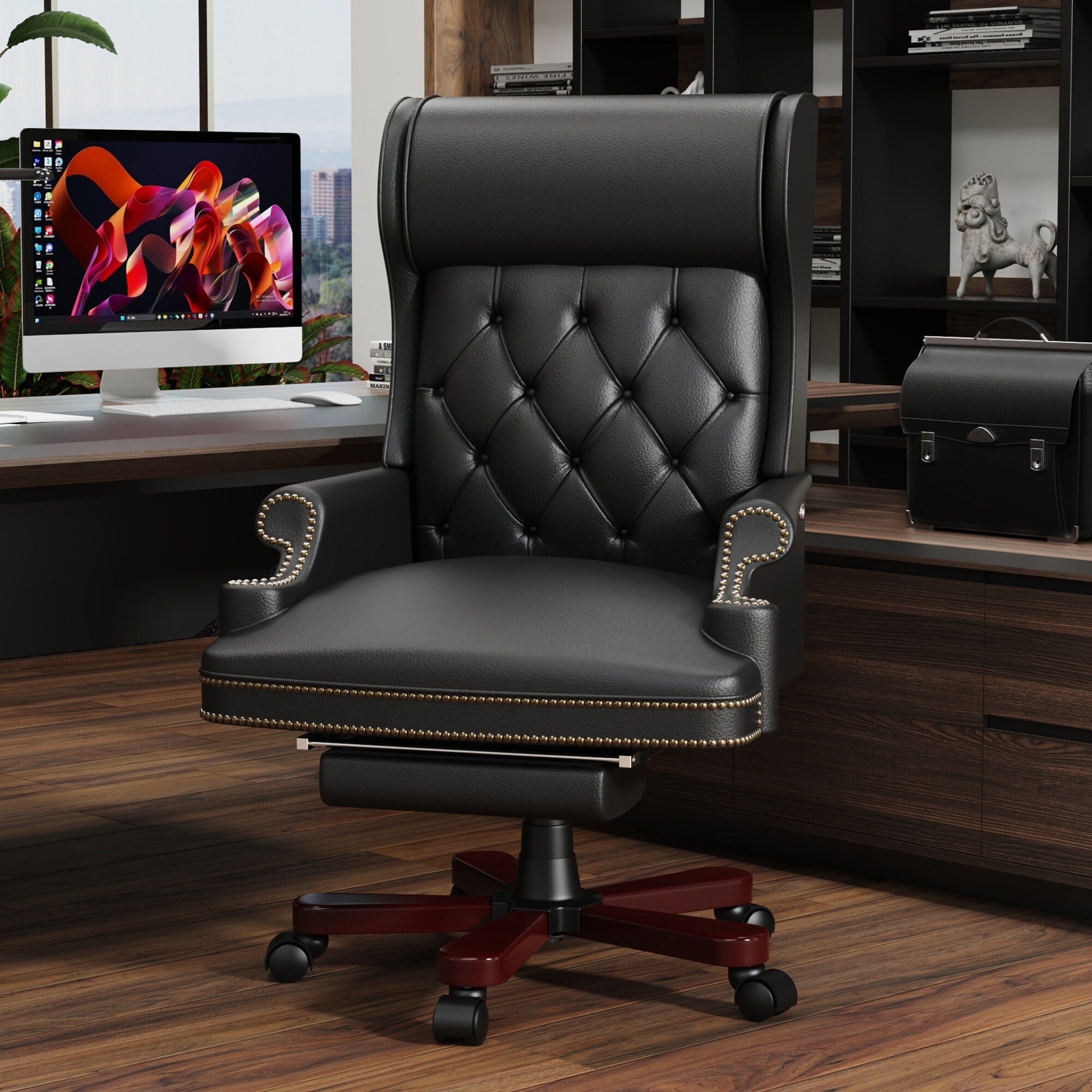Fauteuil de bureau pivotant et inclinable en similicuir noir avec repose-pieds, dossier capitonné et clous décoratifs