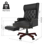 Fauteuil de bureau pivotant et inclinable en similicuir noir avec repose-pieds, dossier capitonné et clous décoratifs