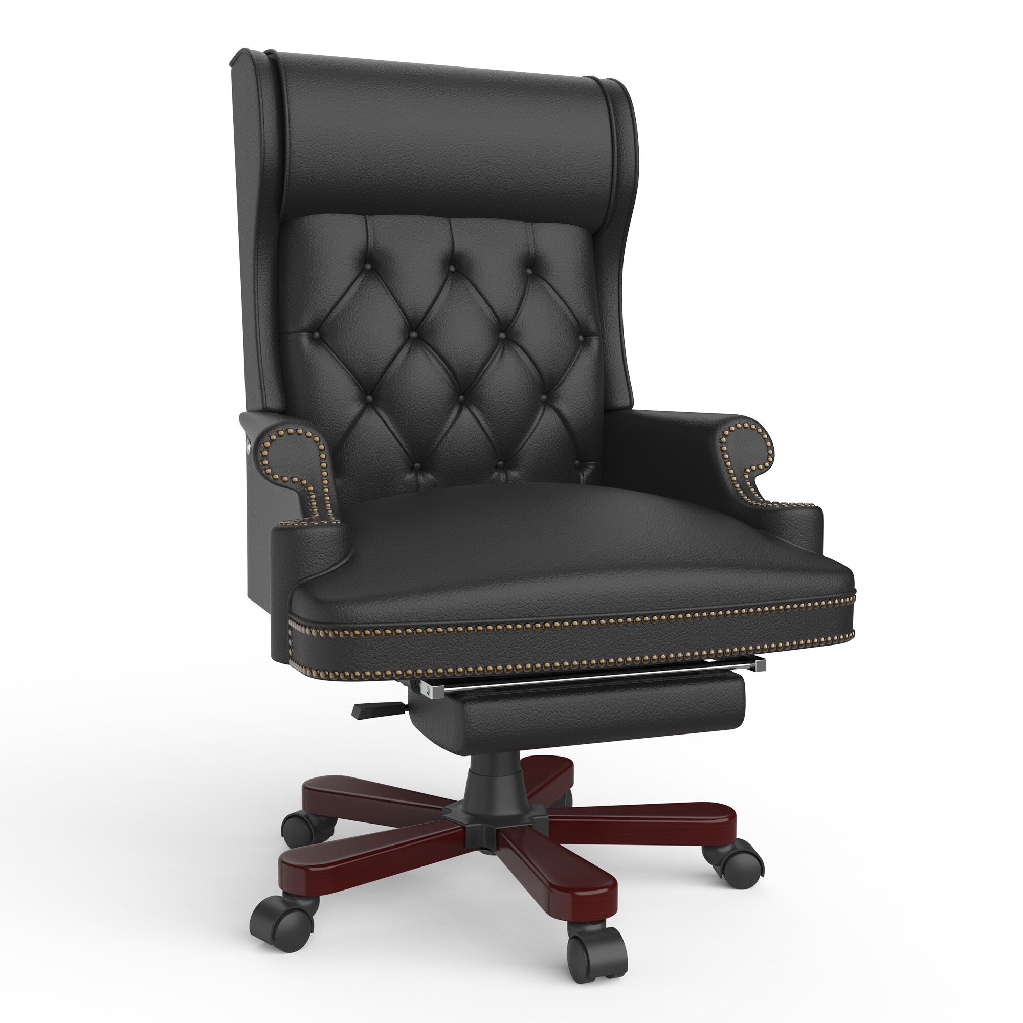 Fauteuil de bureau pivotant et inclinable en similicuir noir avec repose-pieds, dossier capitonné et clous décoratifs