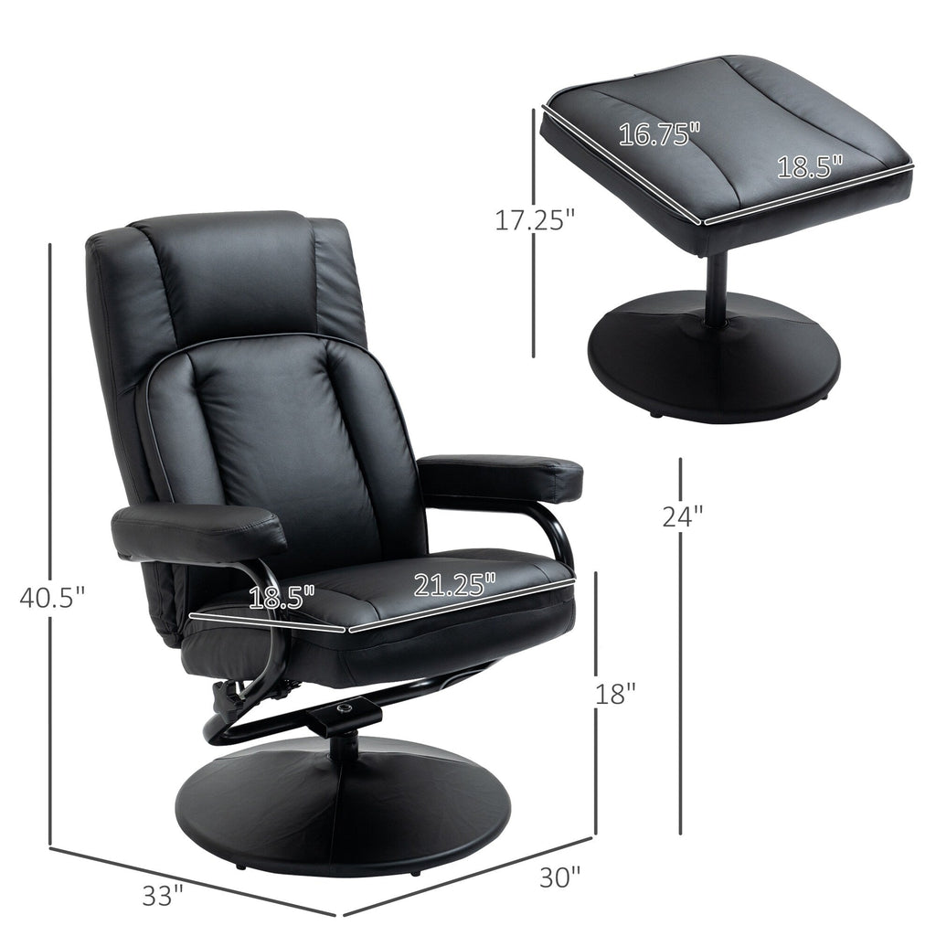 Fauteuil inclinable pivotant en similicuir noir avec repose-pieds ottoman, réglages manuels