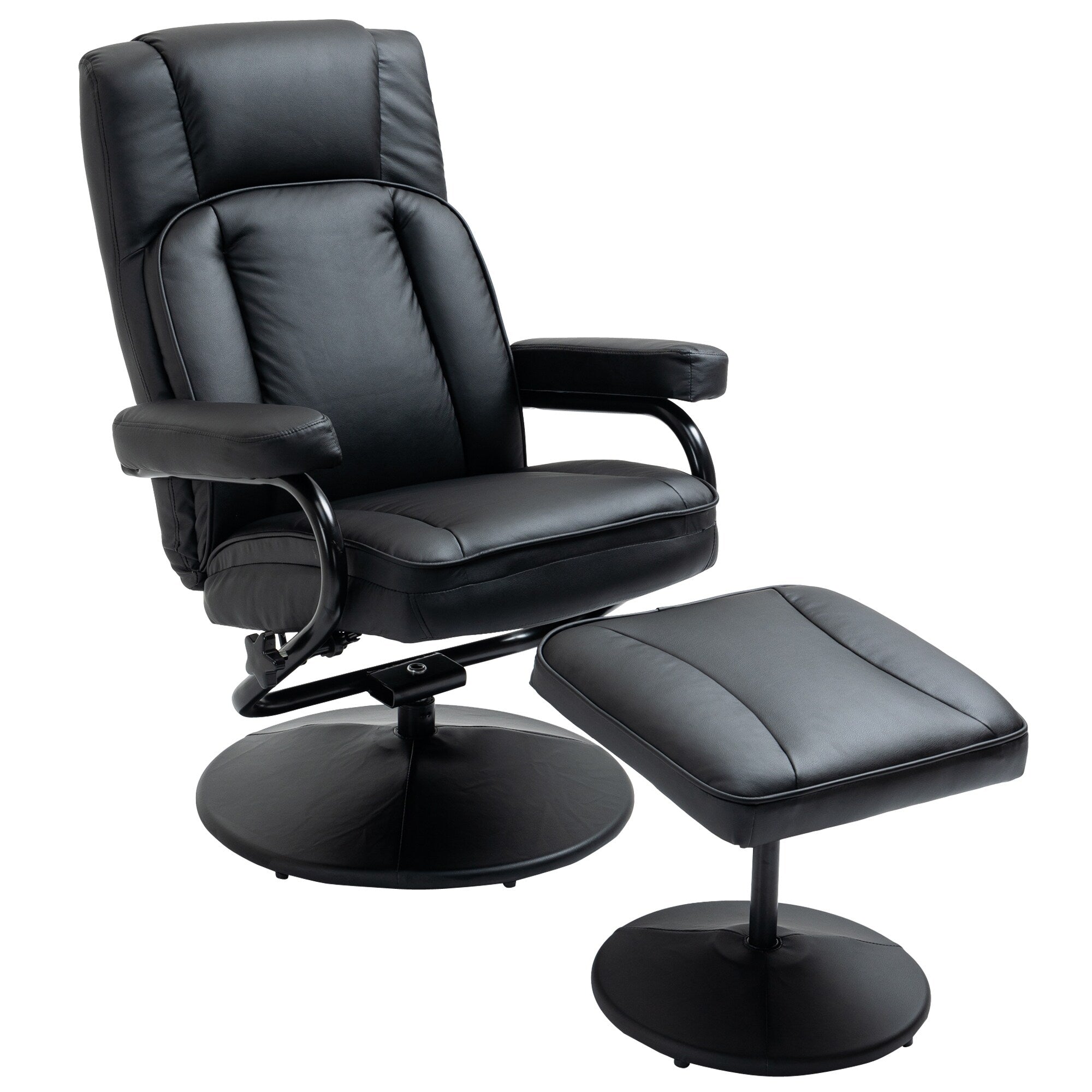 Fauteuil inclinable pivotant en similicuir noir avec repose-pieds ottoman, réglages manuels
