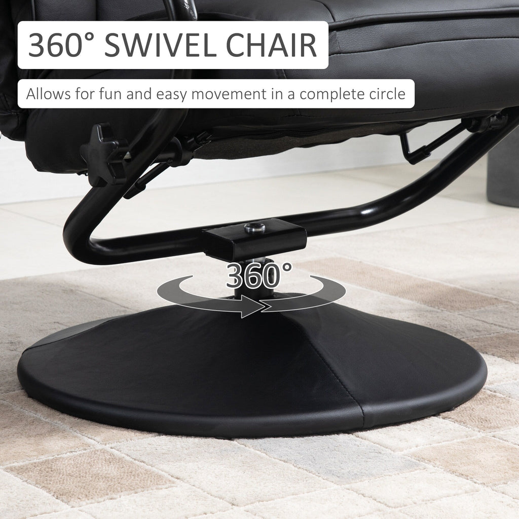 Fauteuil inclinable pivotant en similicuir noir avec repose-pieds ottoman, réglages manuels