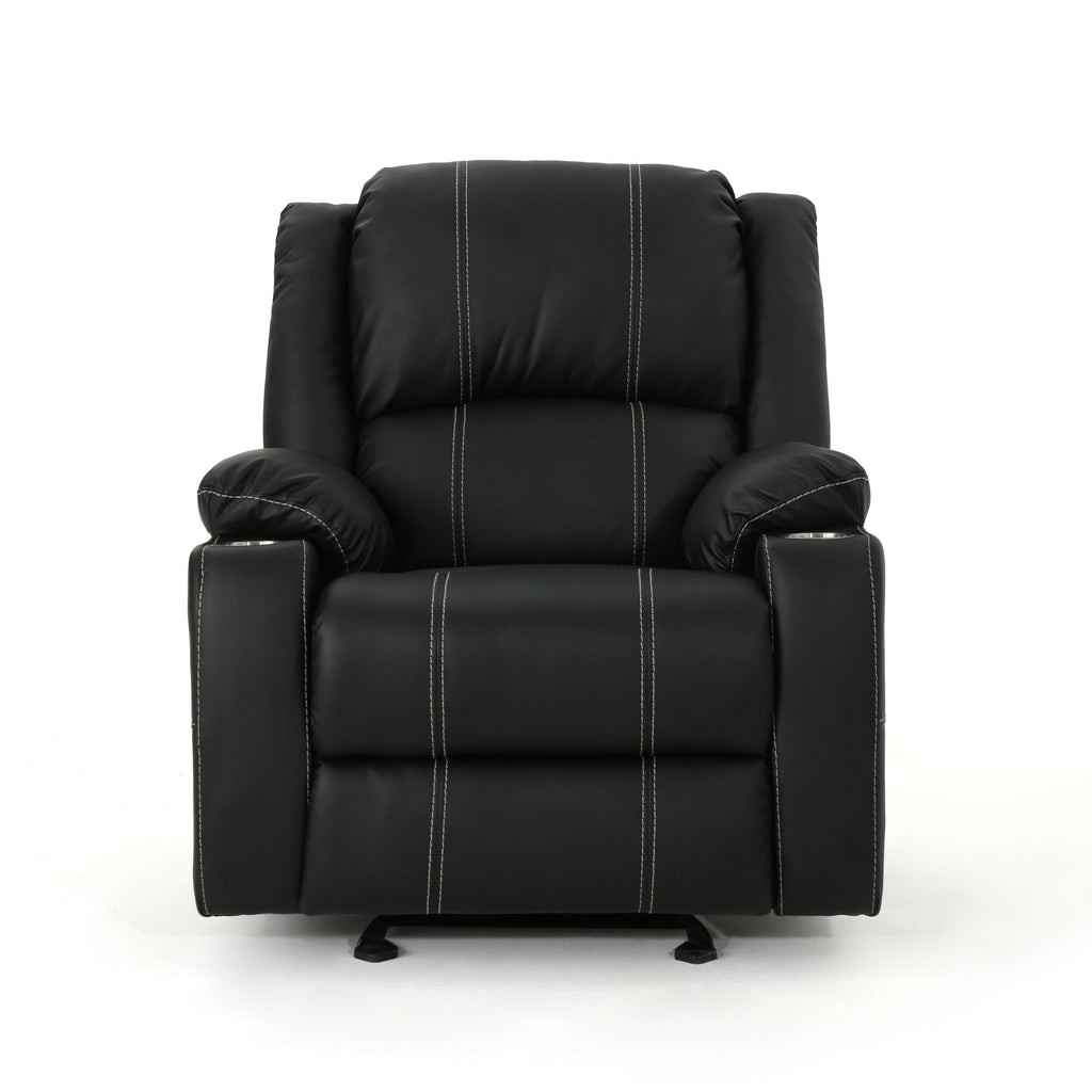 Fauteuil inclinable en similicuir noir avec porte-gobelets en acier, inclinable sans effort, confort luxueux