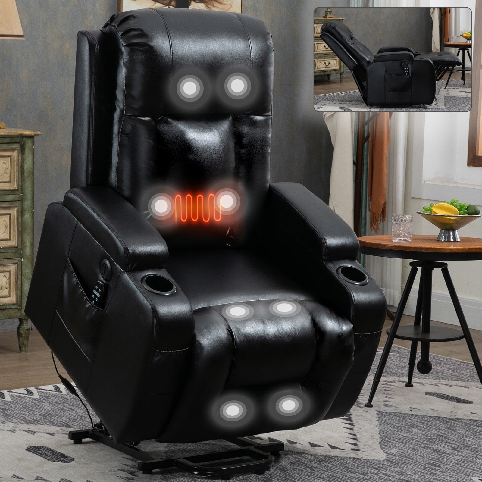 Fauteuil inclinable électrique noir avec massage 8 points, chauffage lombaire, chargement USB, porte-gobelets et mécanisme robuste