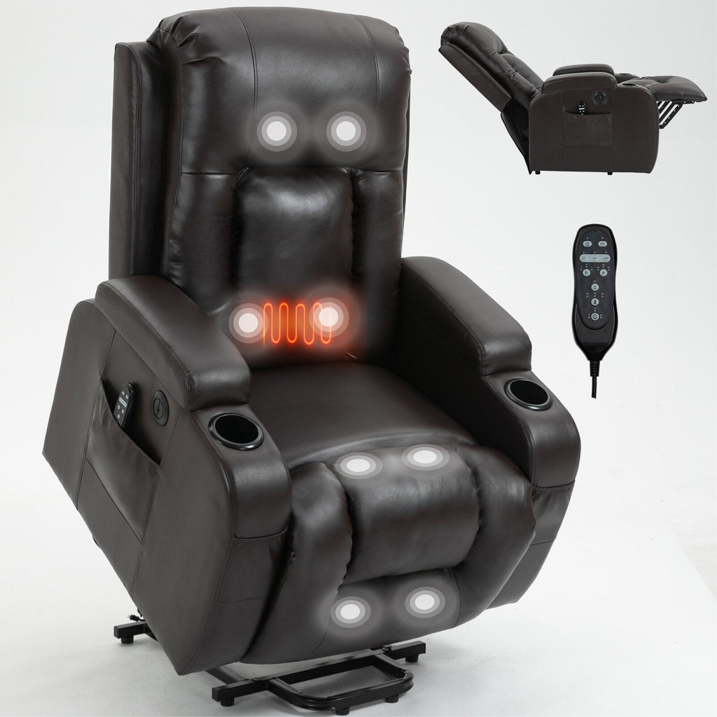 Fauteuil inclinable électrique noir avec massage 8 points, chauffage lombaire, chargement USB, porte-gobelets et mécanisme robuste