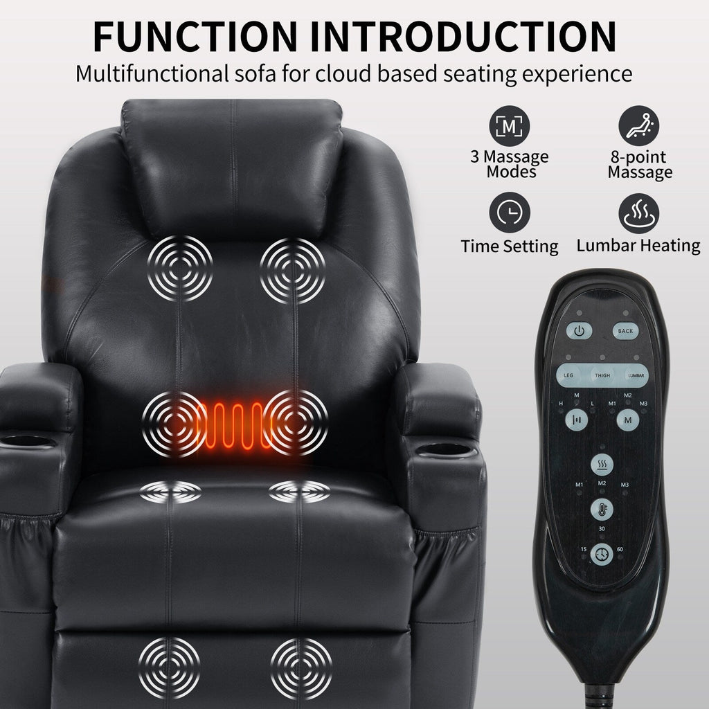 Fauteuil inclinable électrique noir avec massage par vibrations à 8 points, chauffage lombaire, deux ports USB, porte-gobelets et moteur Okin