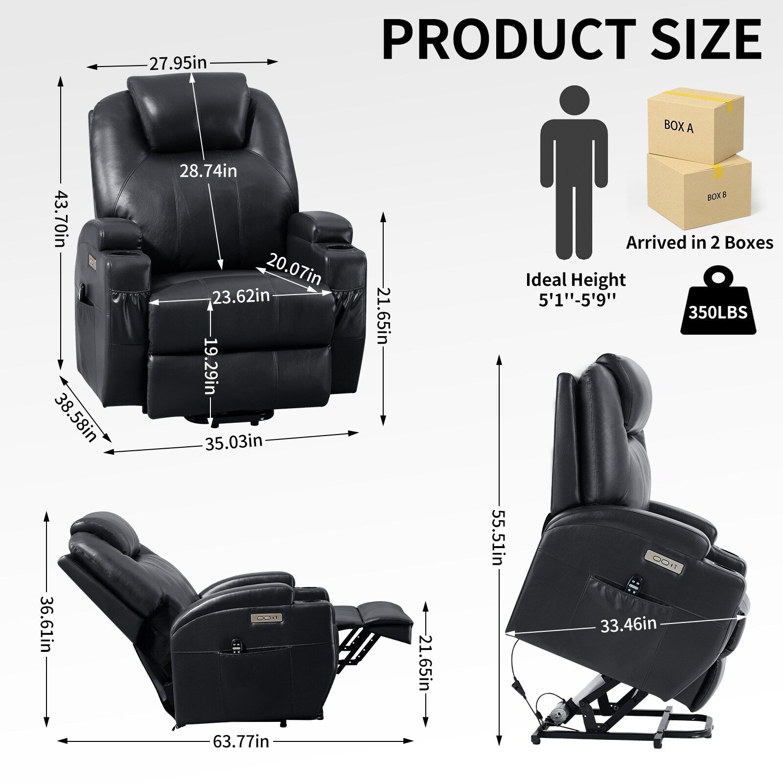 Fauteuil inclinable électrique noir avec massage par vibrations à 8 points, chauffage lombaire, deux ports USB, porte-gobelets et moteur Okin